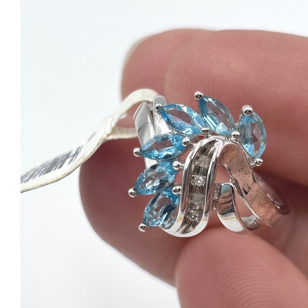NWT Vintage 10K White Gold Blue Topaz Diamond Cluster Spray Ring Size 7 2.8g‎